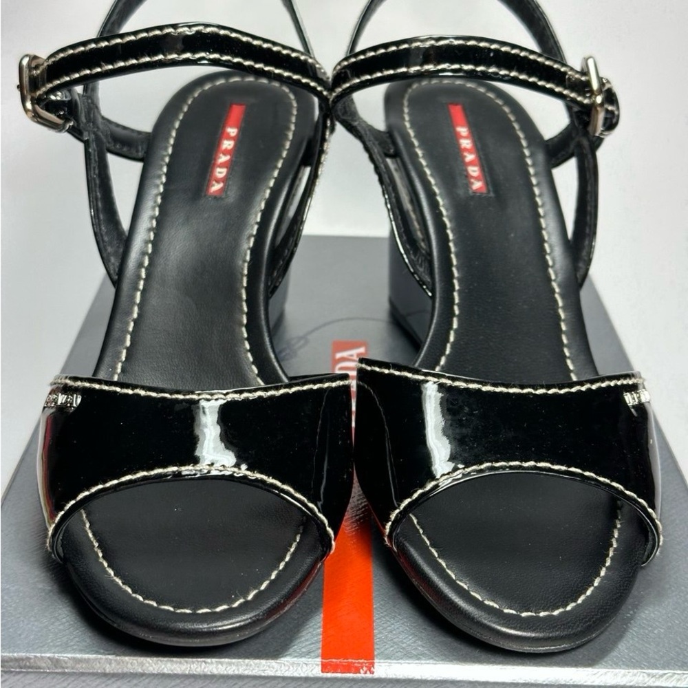 Prada Glossy Black Patent Leather Wedge Sandals Brand New In Box Size 40 /US 9.5 - Picture 2 of 11